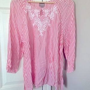 Chico’s Spring-Summer Top. Pink & White Stripe.  Lace at Neck.  Elastic in Arms.